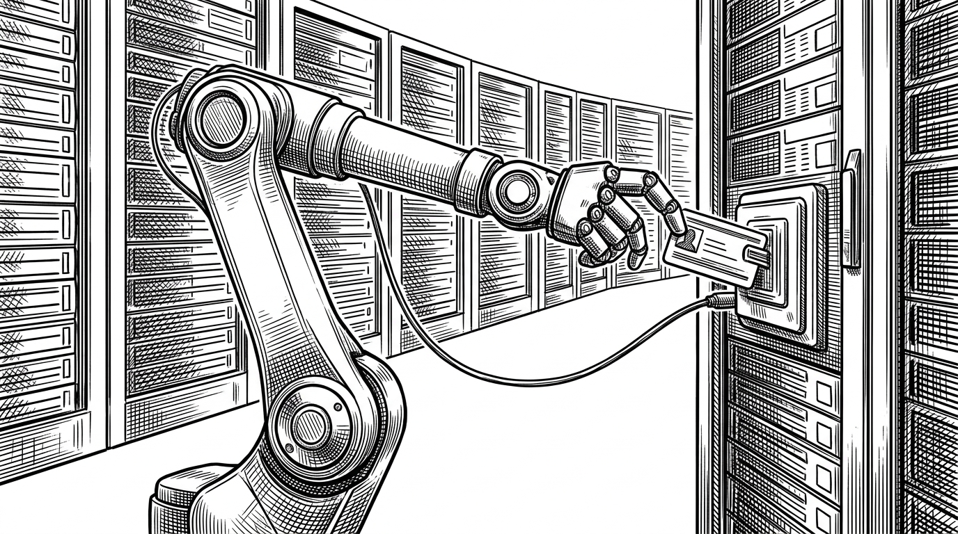 An articulated robotic arm carefully slotting a physical security badge into a specialized server rack reader. A single taut cable connects the robotic arm to the server. This represents autonomous AI agents authenticating securely via the Model Context Protocol.