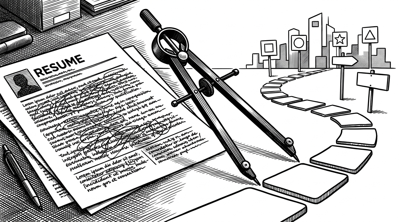 A resume sits on a desk as drafting tools redraw it into a route map. One side is dense with text, while the other becomes a sequence of stepping stones leading toward roles, courses, and skill gaps. It explains the article’s core idea: the project is strongest when it turns absence into direction.
