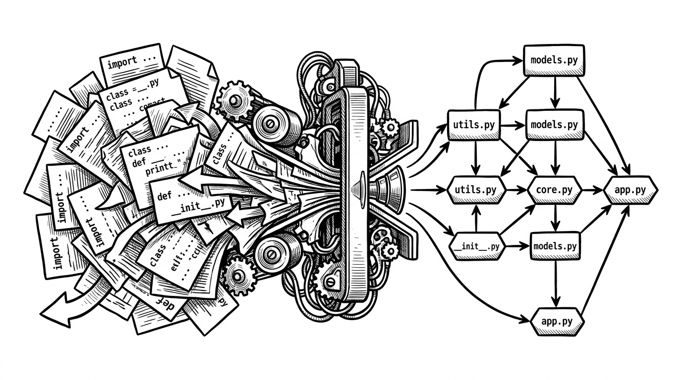 A tangled mass of file cards enters a scanning machine and emerges as a clean dependency map. The scene explains the project’s core idea: converting unreadable source sprawl into architectural structure you can inspect at a glance.