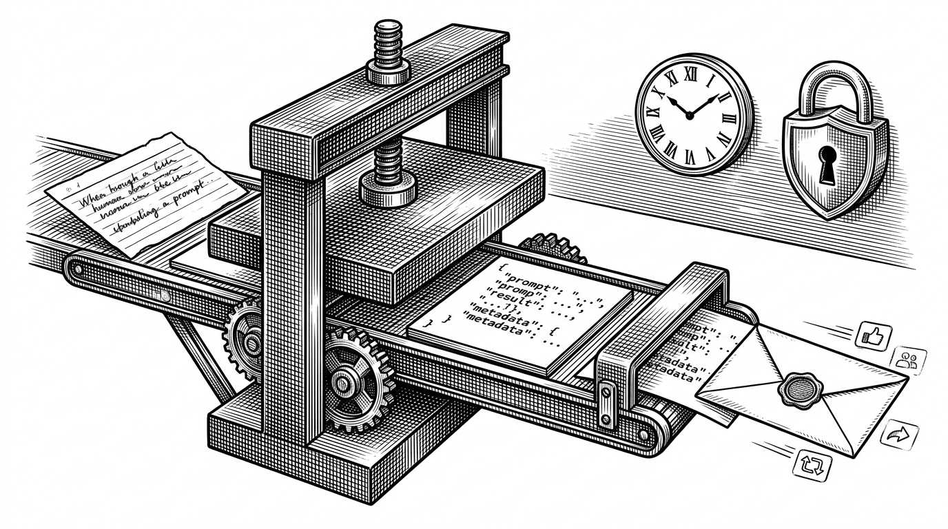 A conveyor-like editorial scene shows a prompt card entering one side, being compressed into a structured JSON block in the center, and exiting as a scheduled post envelope with small platform badges trailing behind it. A clock and a shield sit in the background to suggest cron timing and token security. This image explains that Scheduler is a transformation pipeline, not just a calendar UI.