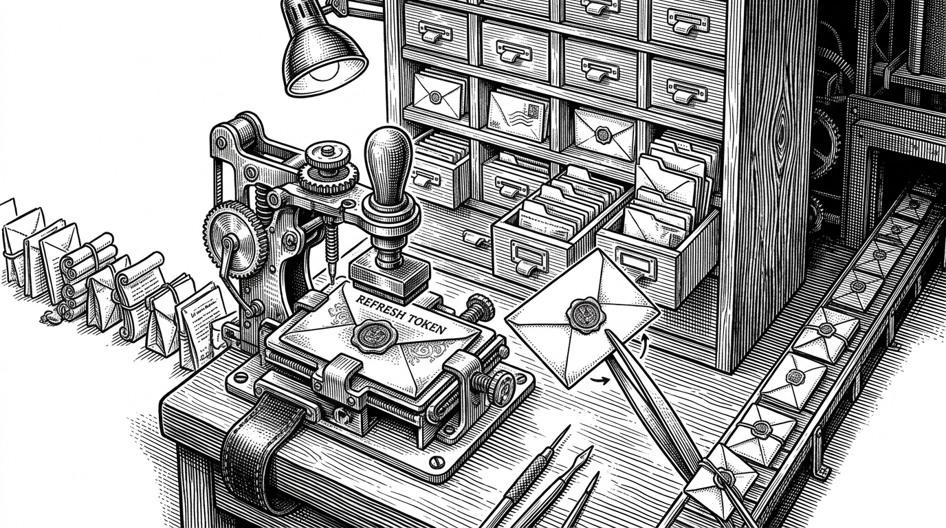 A close-up shows a sealed refresh token being stamped, rotated, and replaced in a drawer labeled active session. To the left, a small request queue waits paused, and on the right it resumes in order after the token swap completes. This image explains how the app keeps authentication stable while replaying failed requests.
