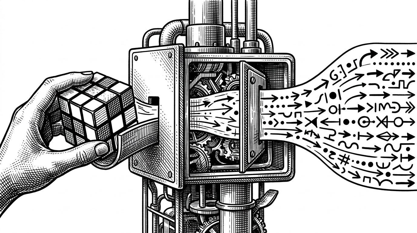A Rubik's Cube passes through a narrow mechanical gate and emerges as a stream of ordered move symbols. The scene explains that the project's real job is translation, not invention.