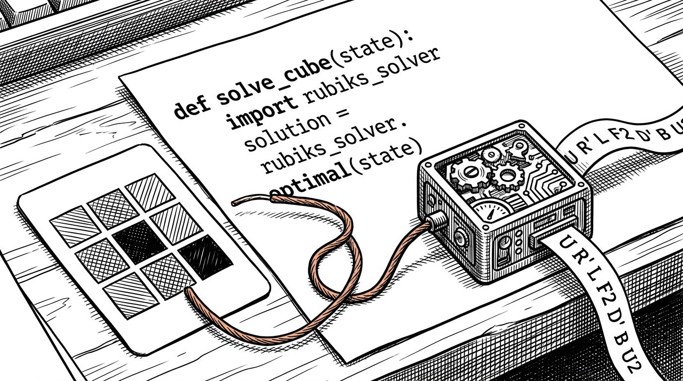 A close-up workbench scene shows a cube state card on one side, a compact solver module on the other, and a single copper wire connecting them. The image explains the repo as a thin but important handoff layer between data and algorithm.