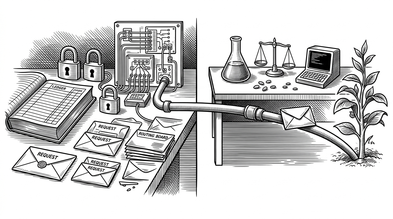 A wide editorial scene split between two working environments. On one side sits a Java control room with ledgers, locks, and routing boards. On the other side sits a Python model bench with scales, seed samples, and a glass flask. A single pipeline connects them, showing that the crop decision is created by handoff, not by one monolithic app.