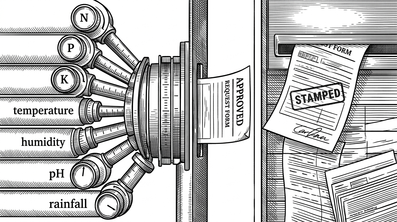 A close-up of a form submission passing through a sequence of gates. Seven input dials labeled N, P, K, temperature, humidity, pH, and rainfall feed into validation filters. The approved request becomes a stamped output card that drops into a ledger row, showing that the app checks inputs and preserves results.