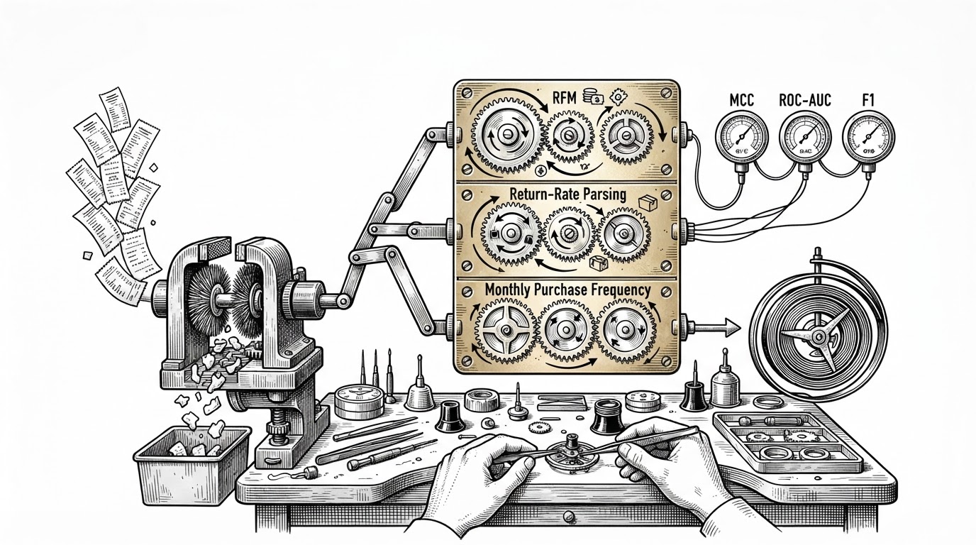 A close-up workshop scene shows retail transactions passing through a cleaning tool and into several gear trains. One gear train represents RFM, another return-rate parsing, and another monthly frequency. Small gauges labeled with model metrics sit beside the output, showing that feature quality and model quality are connected. It explains how the system turns messy data into behavioral signal before training begins.