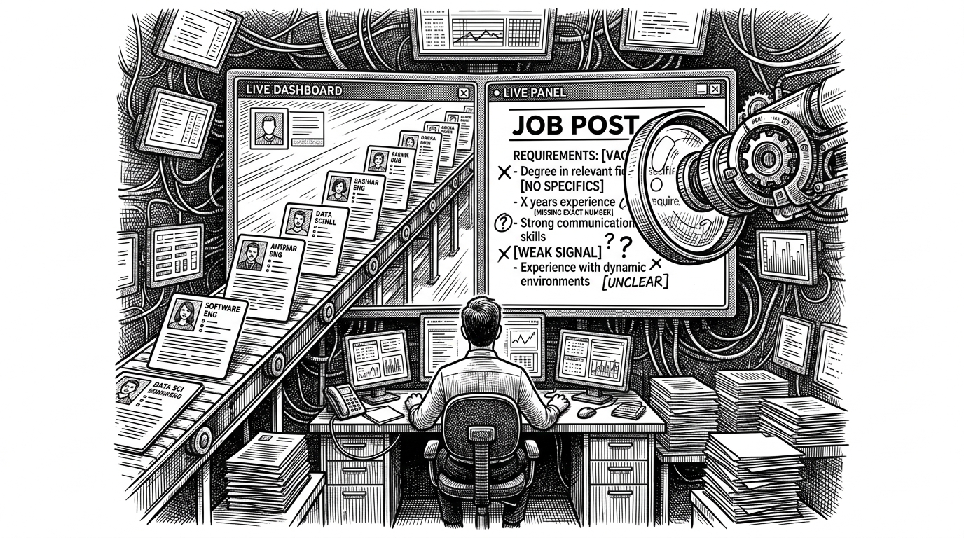 A recruiter sits inside a control-room style dashboard with two live panels. One side fills with candidate cards moving in a stream, while the other side shows an AI lens inspecting the job post and flagging vague requirements and missing details. It explains Workify as a hiring loop, not a static applicant tracker.