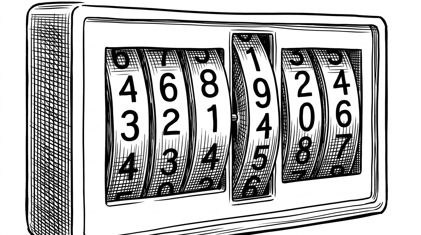 A mechanical-looking digital clock built from vertical digit reels inside a simple display housing. One column is mid-slide while the others are locked in place, turning a normal time readout into something that feels like a small machine. The image explains how motion and structure create the clock's tactile effect.