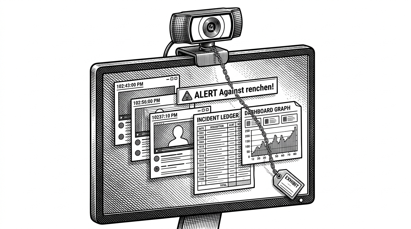 A classroom webcam watches a monitor that is filled with timestamped screenshots, alert banners, an incident log, and a small dashboard graph. The scene explains that the system is not only detecting behavior, but preserving a record of what it believed happened.