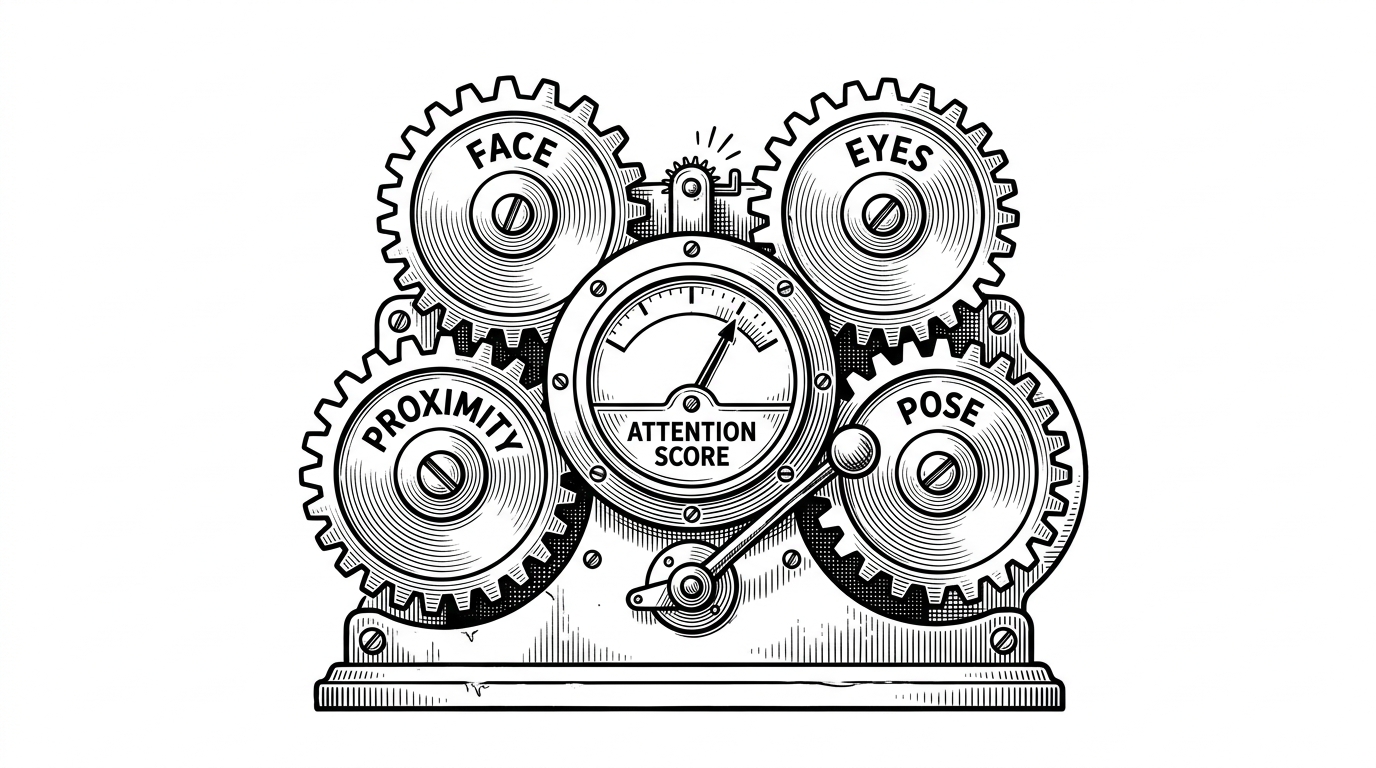 A close-up of four weighted gears feeding a central gauge labeled attention score. The gears represent face, eyes, proximity, and pose, and the image explains how a small set of interpretable signals becomes a single decision.