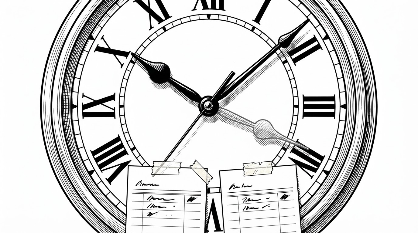 A close-up editorial illustration of a single wall clock face carrying two sets of hands offset by five and a half hours, one pair drawn in solid ink and the other in lighter crosshatching, with two paper timecards taped below showing the same shift start in two different notations. It visualizes how a naive timestamp treated as UTC and converted to IST moves every hour of the day.