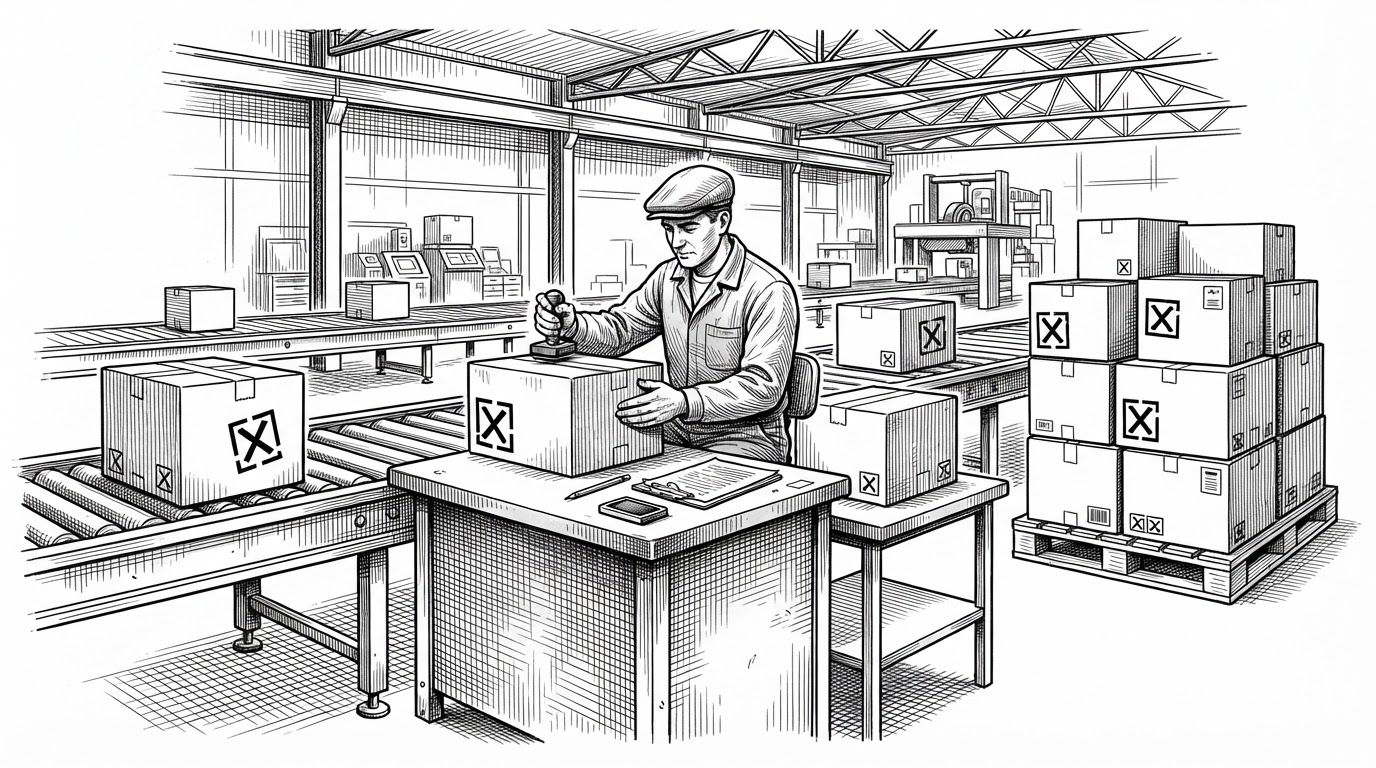 An editorial illustration of a warehouse conveyor line where an inspector stamps boxes REJECTED and sets them on a side shelf, while the same rejected boxes also continue down the main belt and get stacked onto a loading pallet. It depicts a quality-control station that works perfectly and still ships the rejected goods, mirroring a validation stage whose output is never read.
