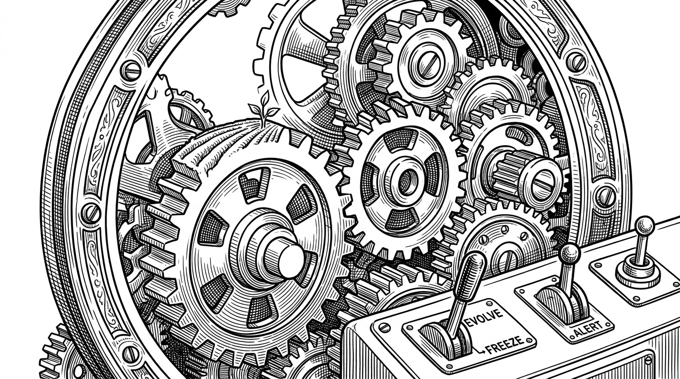 A close-up of a mechanical schema engine shows gears, one marked with a new field and another with a type change, all held inside a protective ring that represents schema contracts. The scene explains how dlt treats schema drift as a controlled decision rather than a failure.