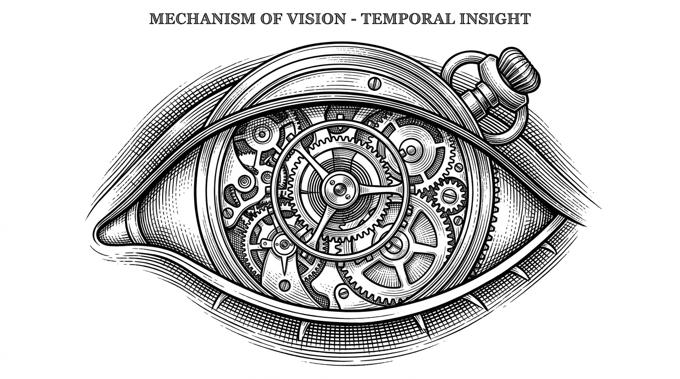 A pocket watch mechanism where the gears and springs are arranged to form the precise shape of a human eye, illustrating the concept of mechanical precision creating a biological illusion.