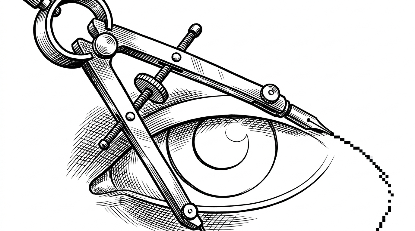 A close-up of a drafting compass drawing a curved eyelid line that transitions from a solid ink stroke into discrete square pixels.