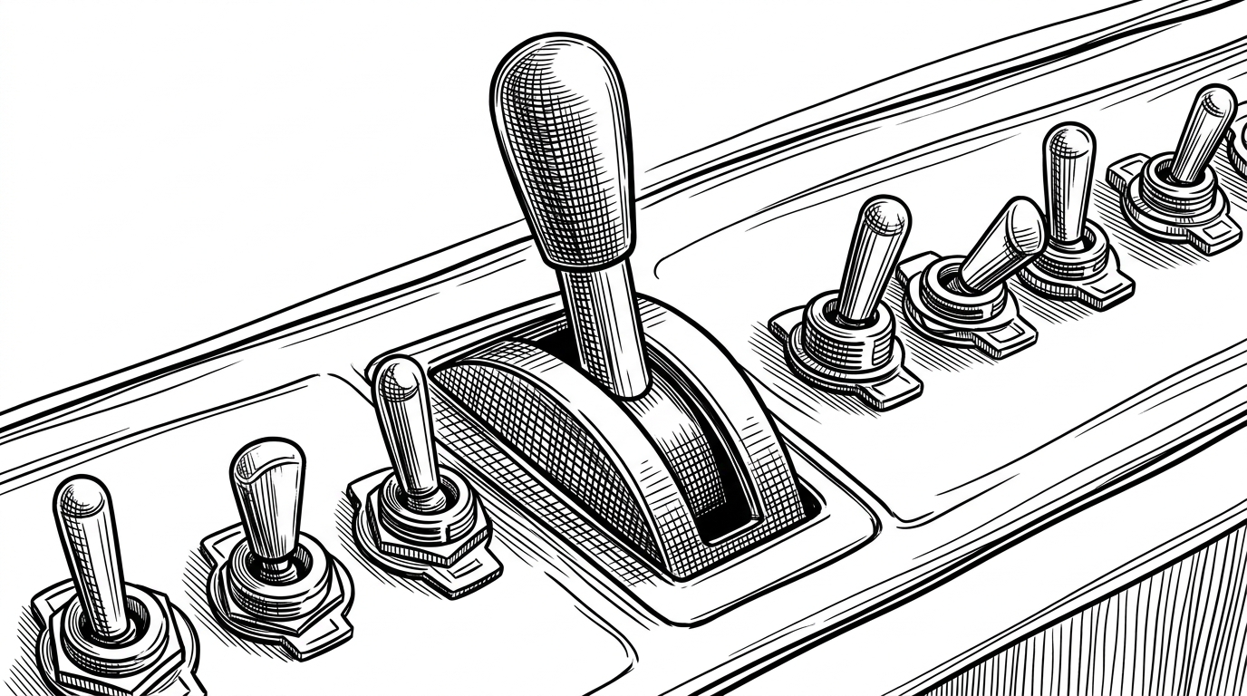 A close-up control panel with a row of differently shaped toggles and one prominent lever set to the classic linker position. It explains that the build is opinionated about codecs, licensing, and toolchain behavior, not just about compiling source code.