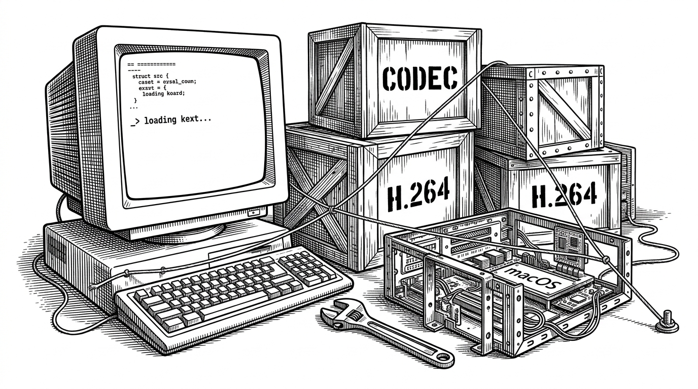 A wide workbench scene with a terminal monitor, stacked codec crates, and a single wrench resting beside a macOS build jig. It shows that the repo is not really about media playback, but about making a fragile build path reliable.