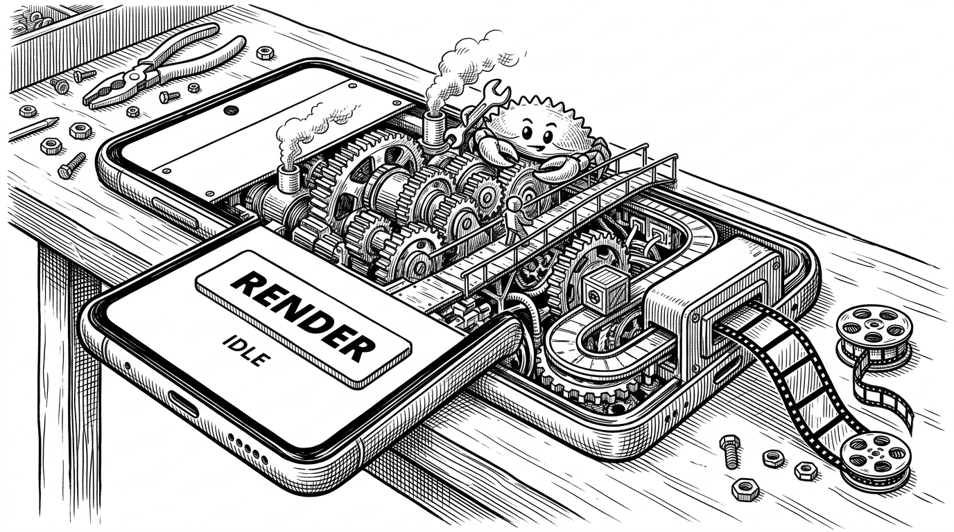 A modern Android phone sits on a workbench while a Kotlin app interface is visible on the screen. Behind the phone, a cutaway workshop reveals gears, a JNI bridge, a cargo-ndk crate, and a MediaCodec encoder driving film frames out the other side. The image explains that the app is only the control surface, while the actual rendering happens natively on the device.