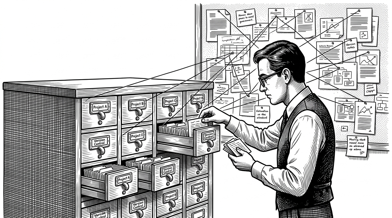 A black ink illustration shows a filing clerk sorting source cards into a huge ledger cabinet while threads connect each card back to pinned clippings on a wall. It explains that the repository works as a curated index of public positions, not as a conventional software project.