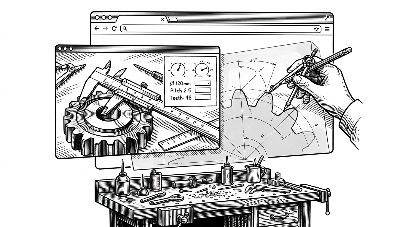 A browser window floats above a machinist's bench while a gear blank is measured with calipers below it. Behind the window, translucent drafting paper shows a tooth profile being traced from geometry, which sets up the idea that the browser itself can act like a design tool.