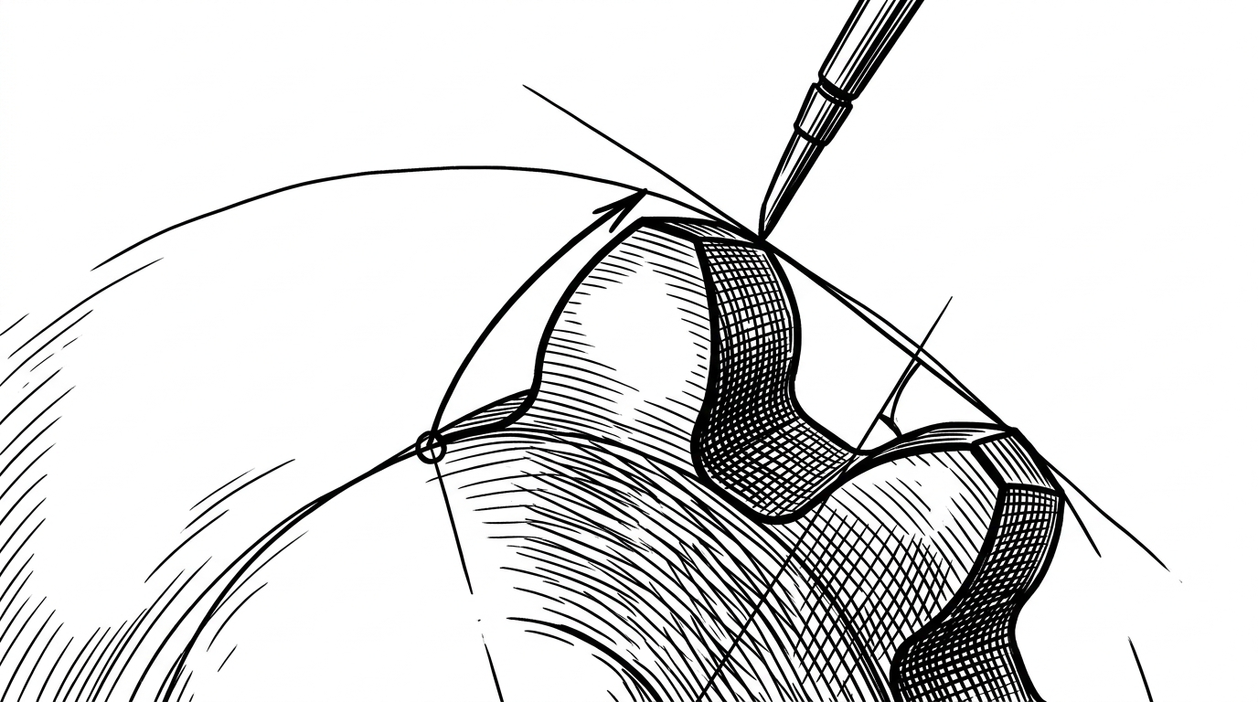 A single gear tooth flank is traced from a base circle with a tangent line and pressure angle marked directly in the geometry. The image explains that a gear tooth is derived from a curve, not drawn freehand, and that the curve is what keeps the mesh constant.