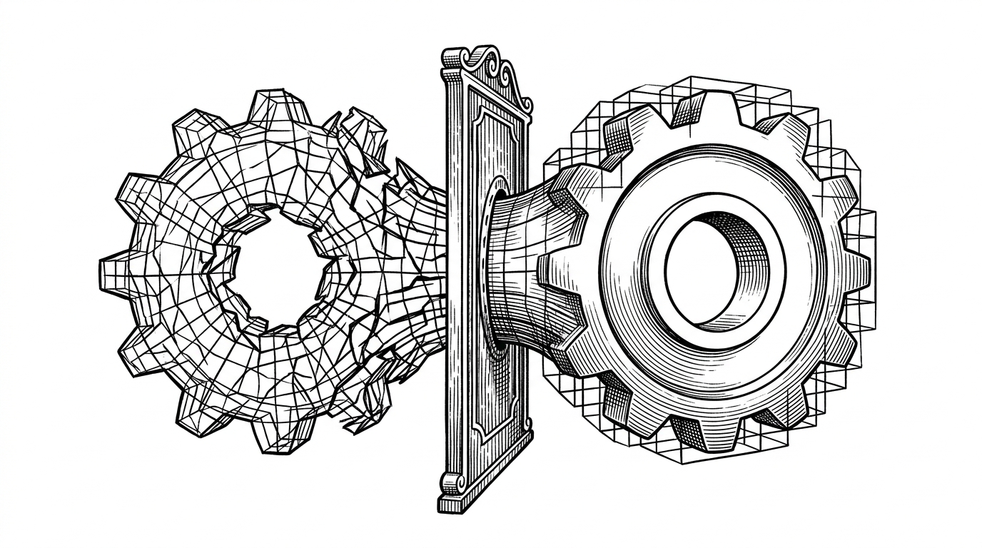 A jagged wireframe shell moves through a repair gate and emerges as a clean, sealed gear-like solid wrapped by a voxel lattice. The image explains that export is not just a file format choice, but a manufacturing step that repairs geometry before printing.