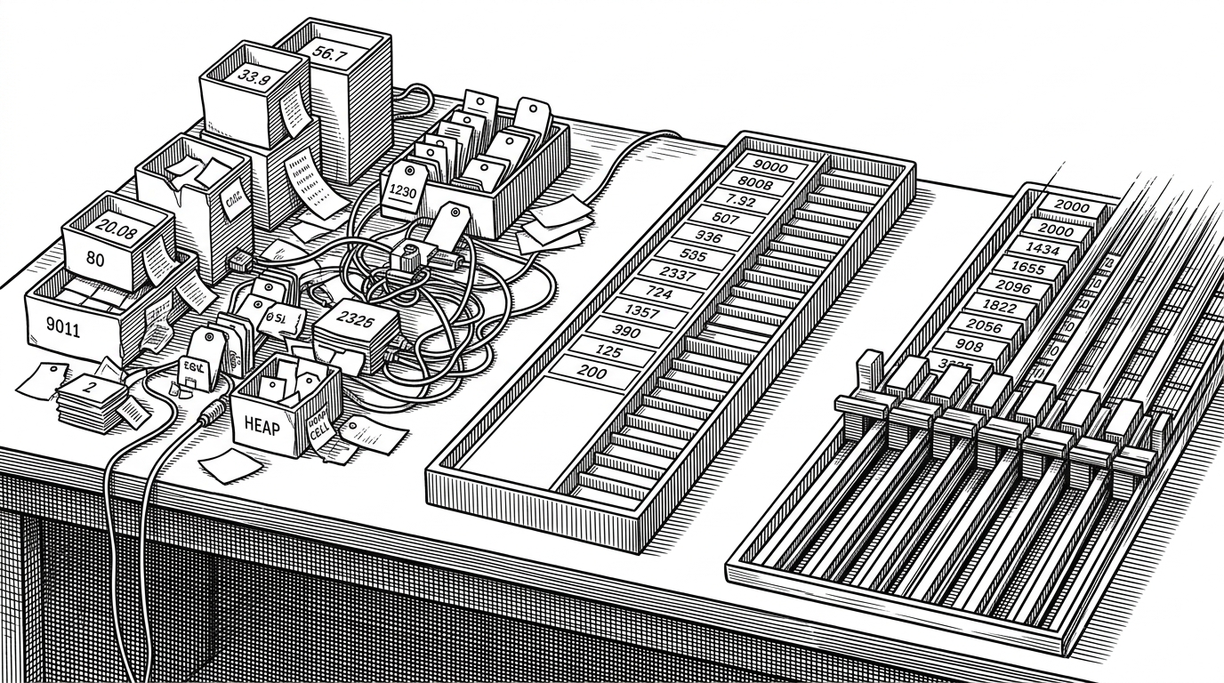 A wide workbench with the same pixel-difference pipeline repeated three times. The left side is cluttered with boxed values and heap cells, the center is reduced to bare numeric fields, and the right side streams through SIMD-like lanes in neat parallel rows. It explains that the repository is really about removing runtime overhead layer by layer.