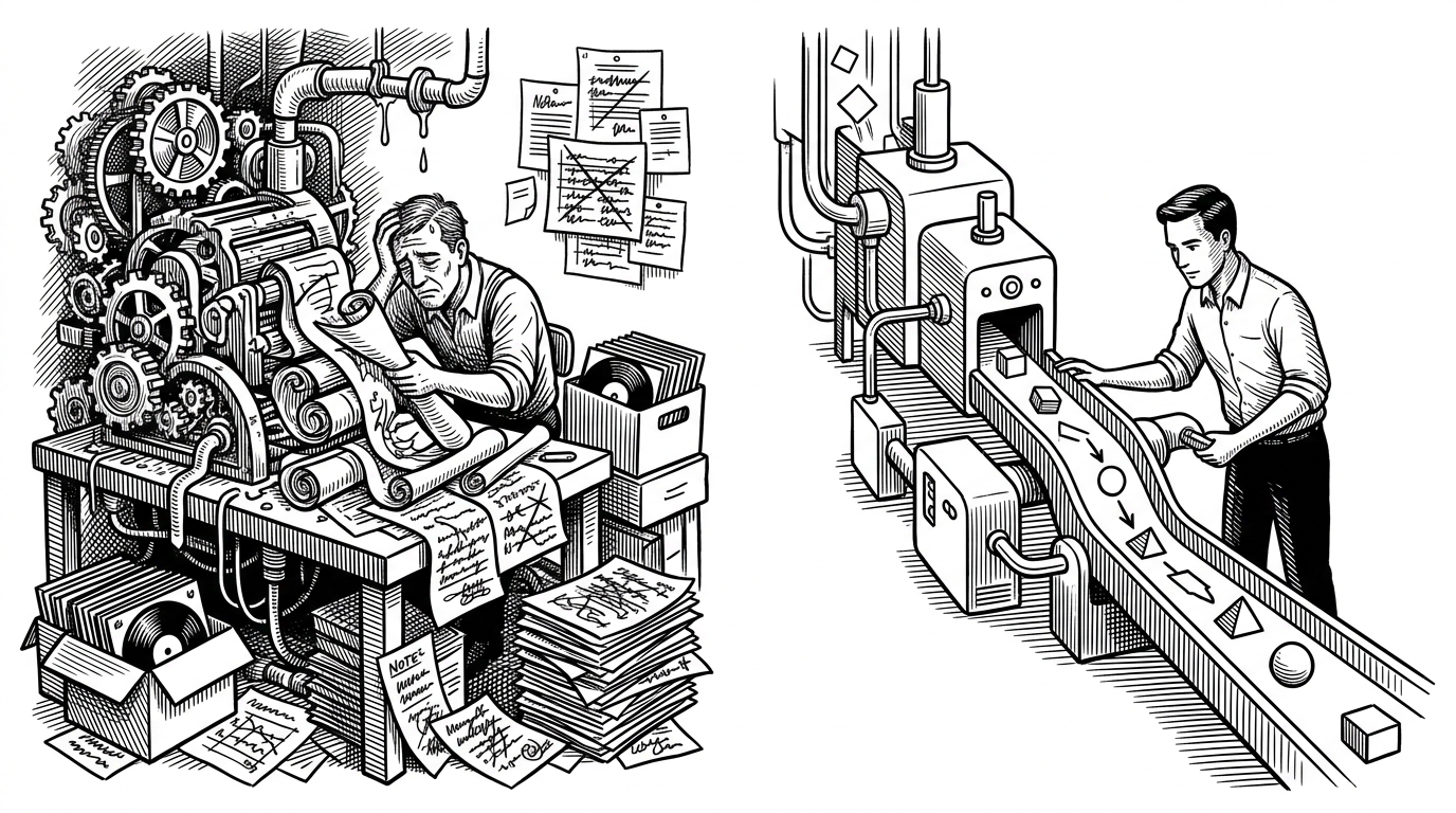A split illustration showing two workbenches side by side. The left side is cluttered with boxed records, scalar cleanup, and allocator scribbles, while the right side is arranged as a cleaner production line with the same algorithm flowing through a low-friction path. It explains why Zig is present as a control reference, not as the headline.