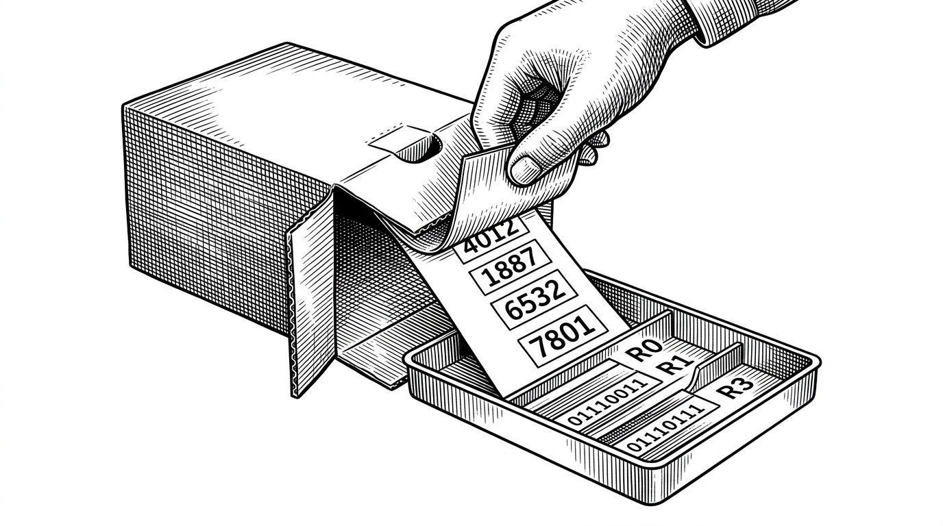 A close-up of a record card labeled with four numeric fields being peeled out of a cardboard box and set directly into a shallow register tray. It explains how unboxed records reduce allocation and let the compiler keep data in a tighter form.