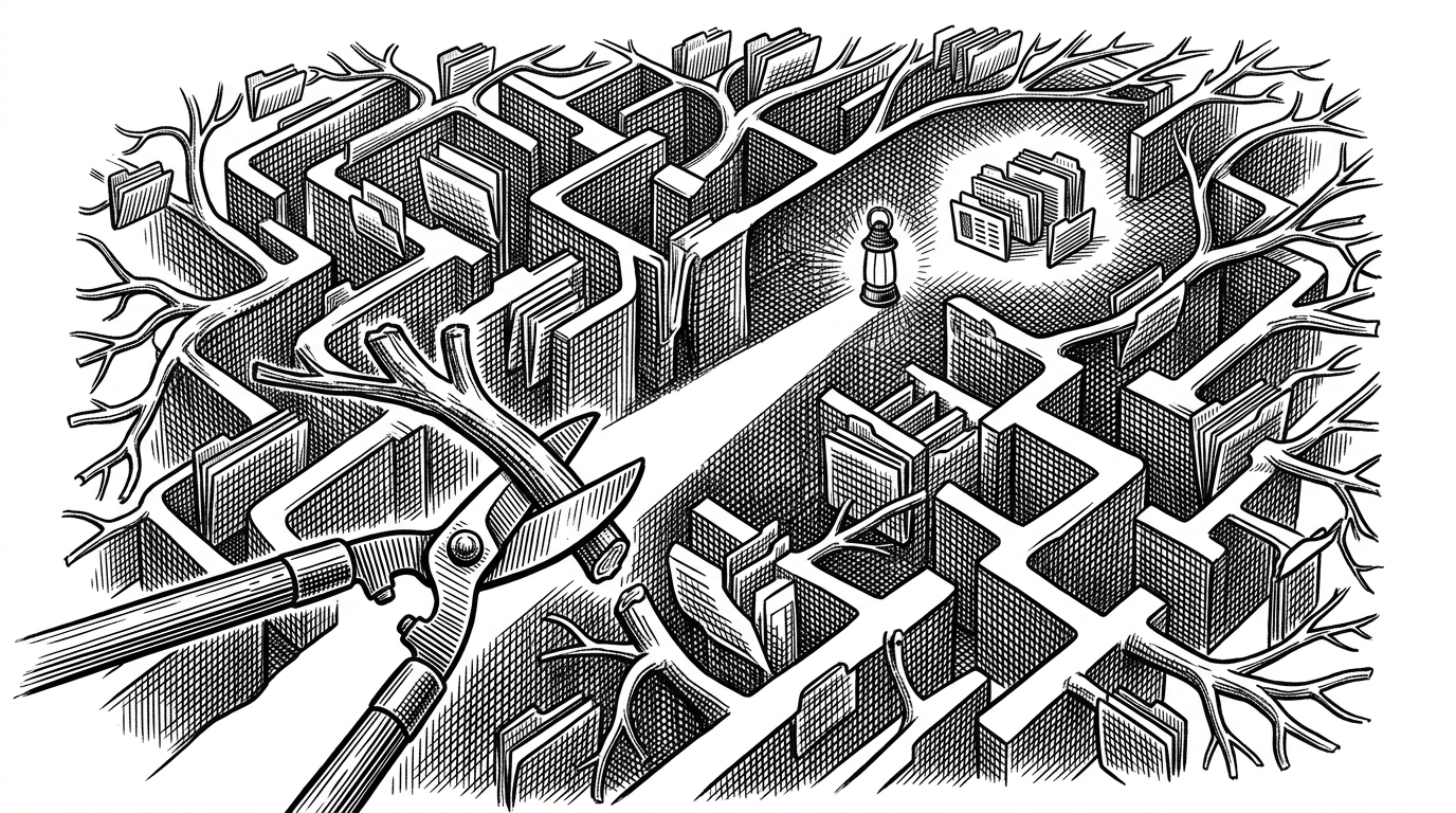 A directory tree drawn as a dense hedge maze, with several whole branches cut away before the path reaches them. One narrow path stays lit and leads to a small cluster of files, showing how the library avoids unnecessary filesystem work.