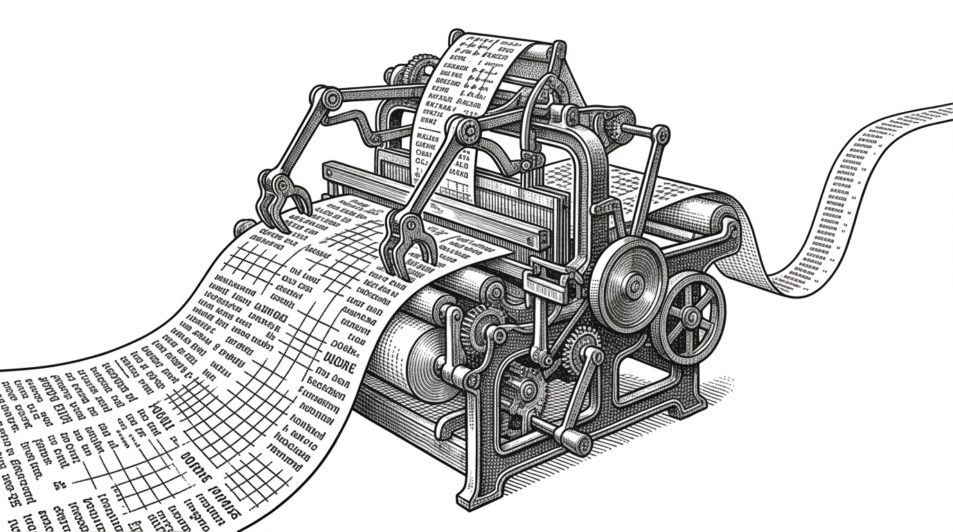 A mechanical loom processing a wide sheet of paper covered in fragmented text and intersecting grid lines into an organized ticker tape.