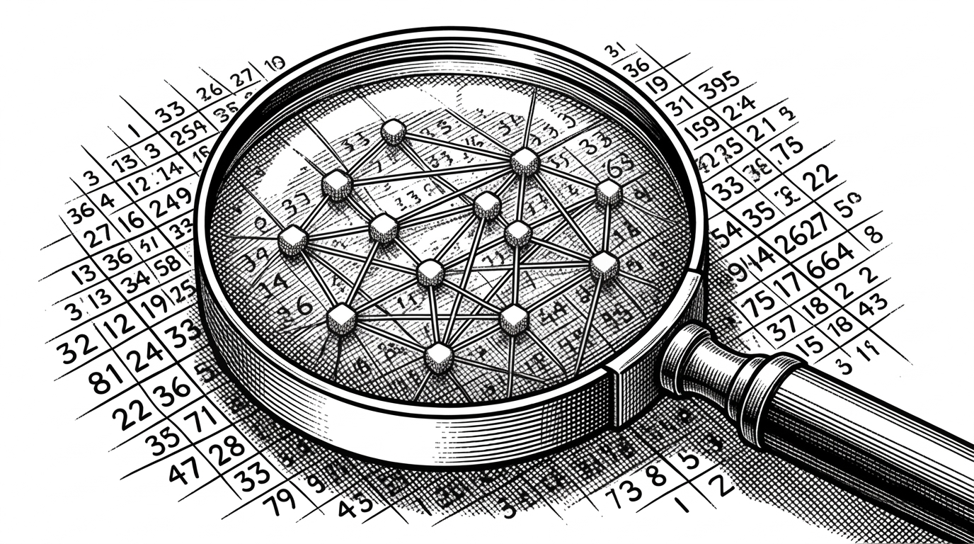A heavy brass magnifying glass hovering over a dense grid of numbers, transforming them into perfectly aligned, glowing geometric nodes.
