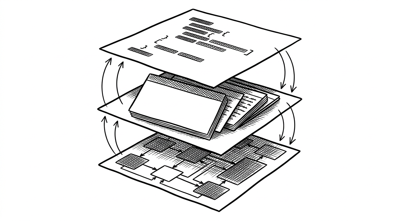 A close-up editorial illustration of three stacked learning layers. The bottom layer is a system diagram, the middle layer is a set of flashcards, and the top layer is a small code mockup. Thin arrows loop between the layers to show the same idea being encoded, rehearsed, and applied.