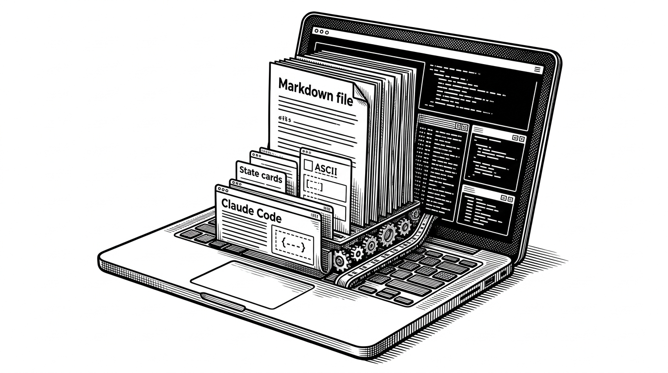 A wide terminal scene where stacked Markdown files feed into a machine-like Claude Code console. Stateful cards, ASCII panels, and small gears rise out of the text stream as if the files themselves are powering the interface. It explains the article's core claim: the repo treats Markdown as a deployable behavior layer, not just documentation.