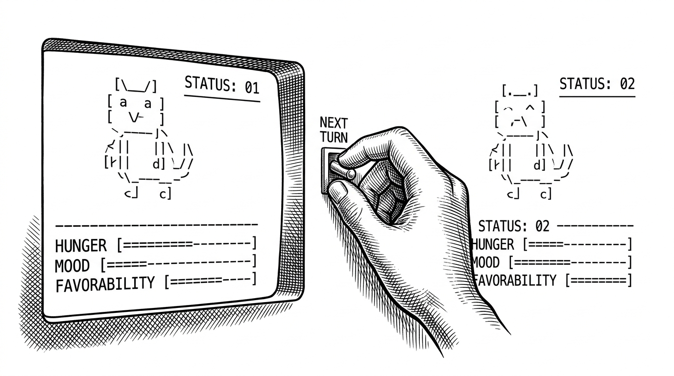 A close-up of an ASCII pet interface with visible bars for hunger, mood, and favorability beside a hand flipping a next-turn switch. The status window visibly changes as if the model is re-rendering the screen after each interaction. It explains how the repo makes a stateless model feel stateful through repeated UI updates.