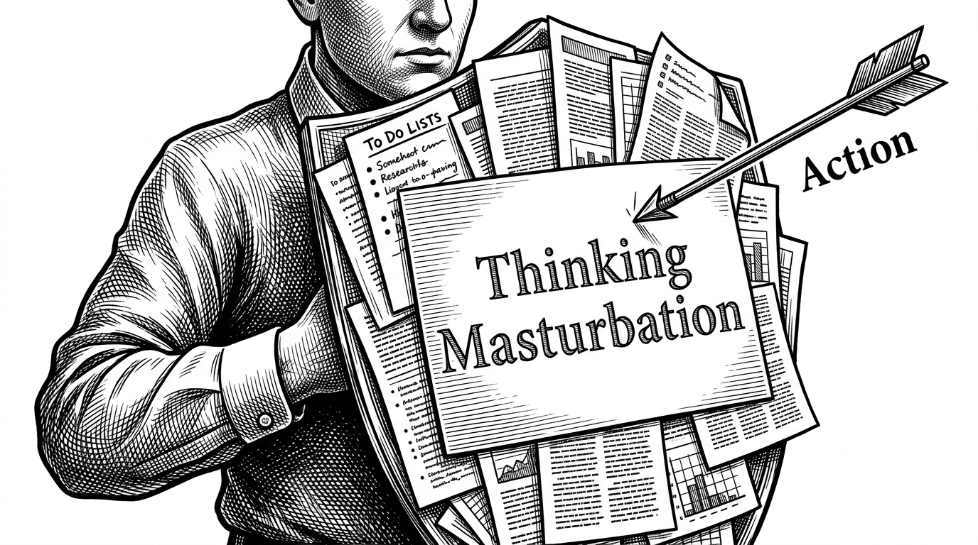 A close-up of a human figure holding a shield made of to-do lists and research papers to block a single small shining arrow labeled Action. The shield is engraved with the words Thinking Masturbation.