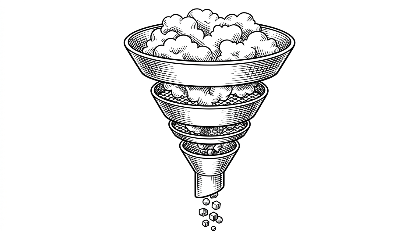 A giant multi-layered funnel suspended in a void. Messy cloud-like business ideas are poured into the top. Each layer of the funnel is a sharp metallic mesh. Only tiny solid geometric atomic facts fall out the bottom. This illustrates the dissolution process where vague ideas are refined into stark logical truths.