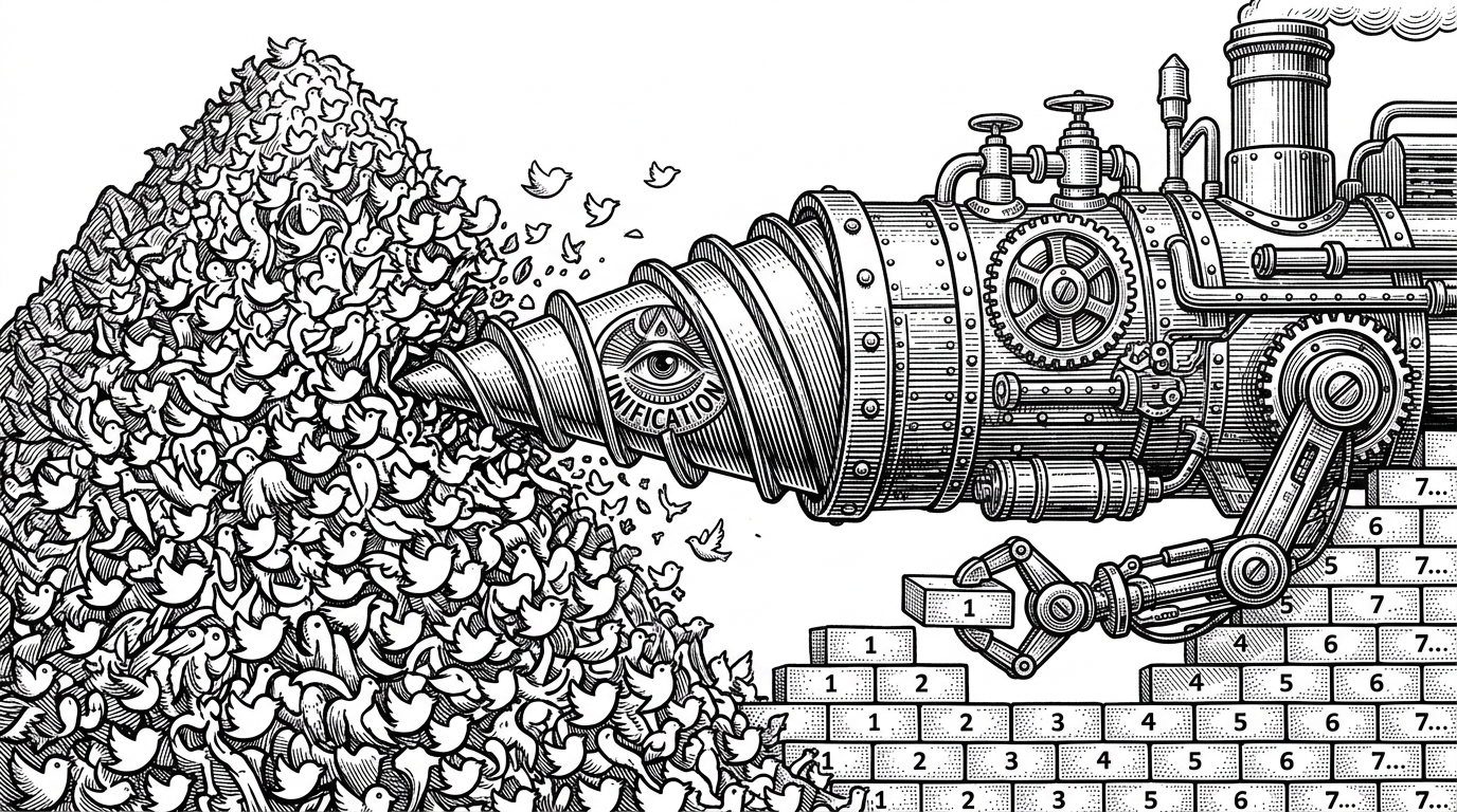 A massive Victorian-style mechanical drill boring into a mountain made of glowing bird-like icons. Behind the drill, a mechanical arm stacks perfectly uniform numbered bricks.