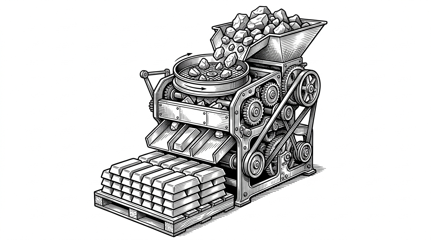 A vintage mechanical sorting machine separating jagged rocks from uniform gold ingots. It represents the process of converting messy HTML into clean structured Markdown.
