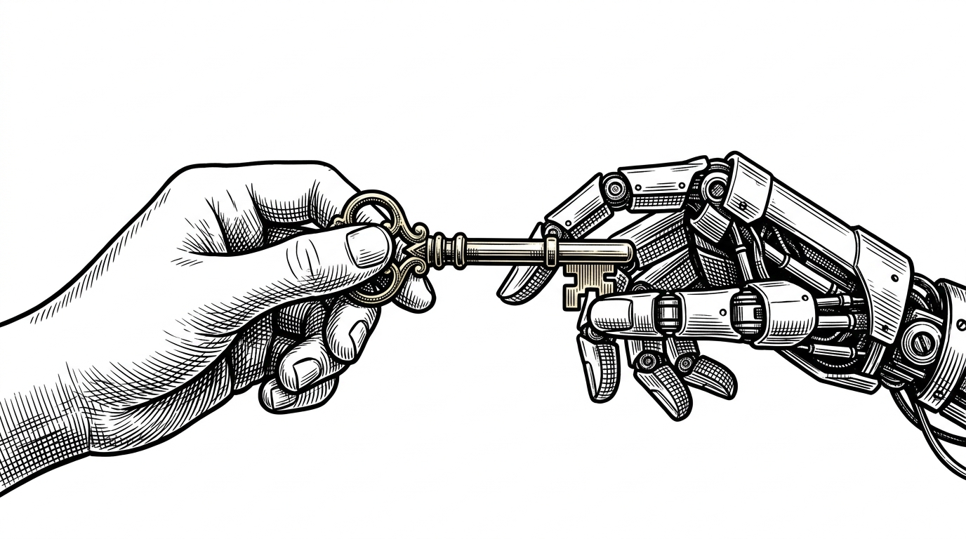 A realistic human hand holding out a brass skeleton key to a multi-jointed mechanical robotic hand. This illustrates the human-in-the-loop authentication handoff.