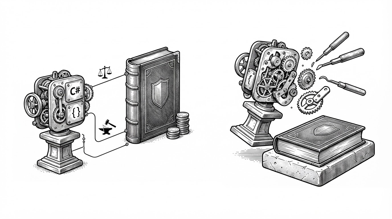 A small transition engine sits beside an order record, with thin lines running through delegate-like links to external storage. The machine can be removed and rebuilt while the record remains unchanged, showing that the logic and the stored state live in different places.