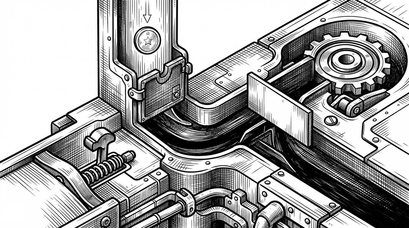 A close-up of a trigger being placed into a small queue box before passing into the next state. The active transition path is dark and bold, while the side path that would cause re-entrancy is drawn faintly and blocked off.