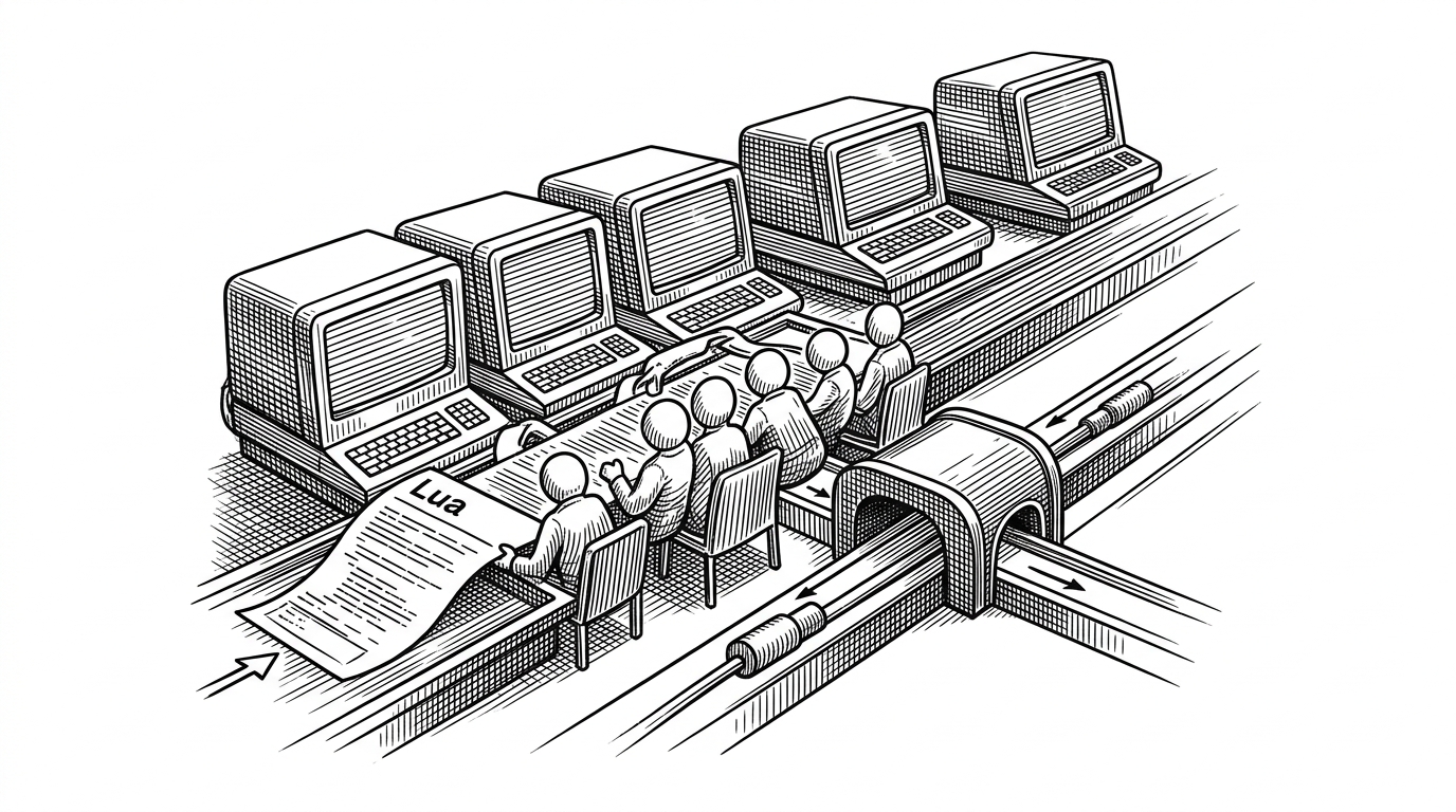 A close-up editorial illustration of a script moving through a row of fiber workstations inside a server chamber. It explains how Dragonfly uses pooled execution and user-space scheduling to keep other traffic flowing while work is in progress.