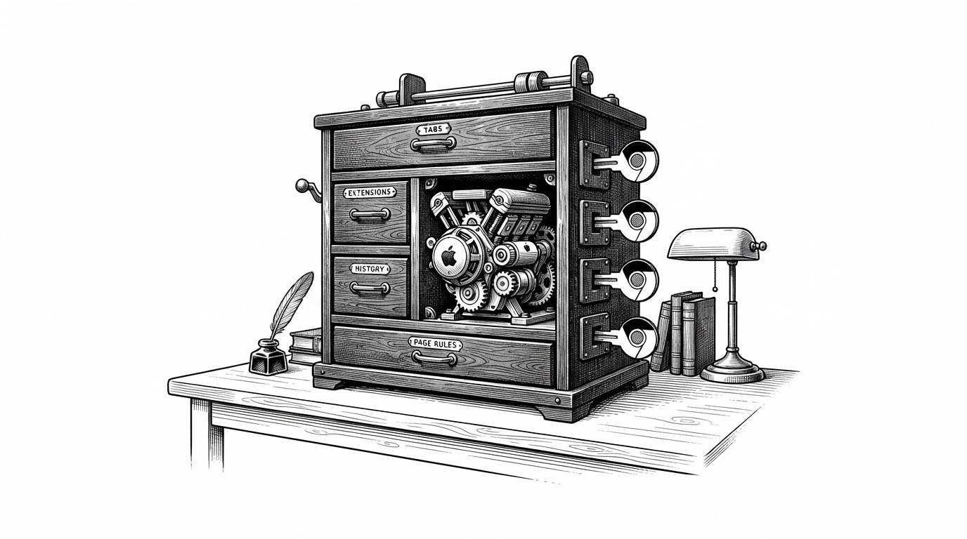A small browser cabinet sits on a clean desk, with drawers for tabs, extensions, history, and page rules. Chrome-shaped keys fit into side slots, while a compact native motor sits at the center, suggesting a browser built as a precision instrument rather than a platform.