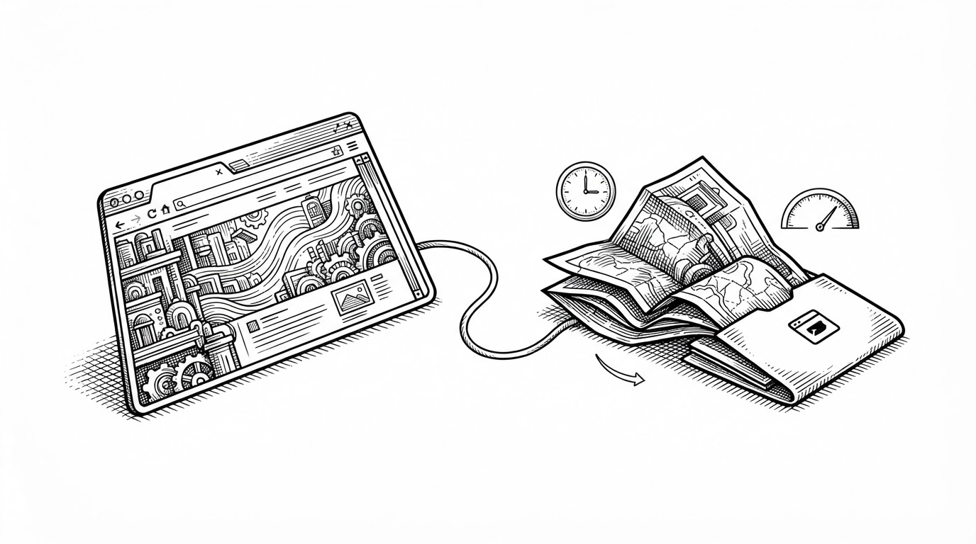 A close-up shows one browser tab folding into a compact stored state on the right, while its live page remains open on the left. A thin line connects the two states, with a small memory gauge and a quiet clock implying that idle tabs can sleep and later wake back up.