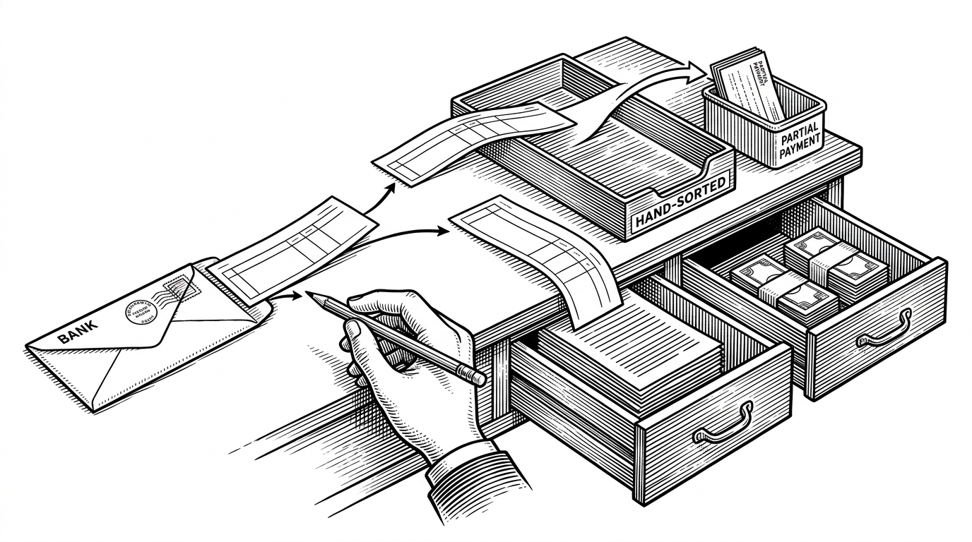 A landlord’s desk becomes a financial circuit. One bank transfer arrives as a stamped envelope, then splits into several ledger slips that move into separate drawers for rent, dues, and deposits. The scene explains that RentTracker treats one payment as many possible obligations, and that reconciliation is the real product.