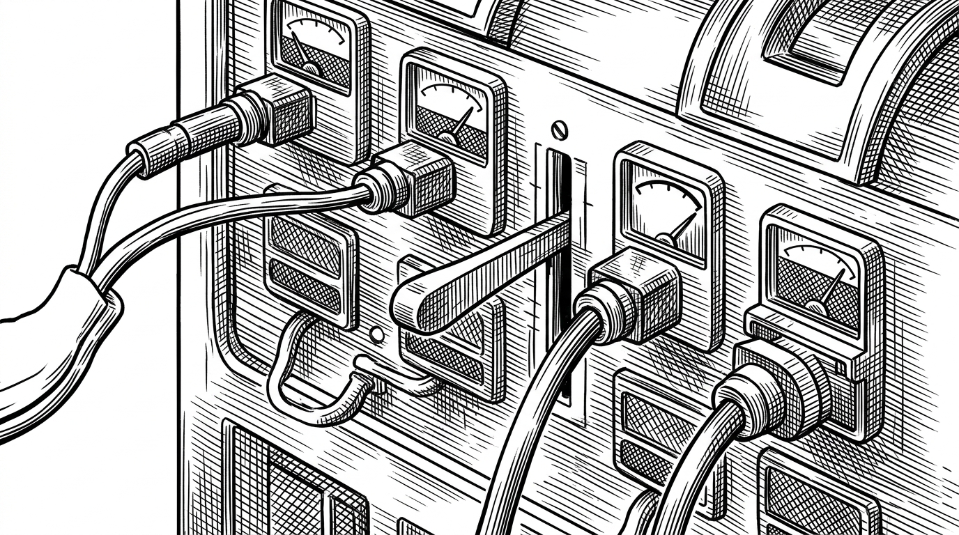 A close-up mechanical switchboard routes one incoming wire into several terminals, each terminal receiving only part of the current until the full load is balanced. The image explains how RentTracker allocates a payment across accruals and updates partial or paid status as the balance changes.