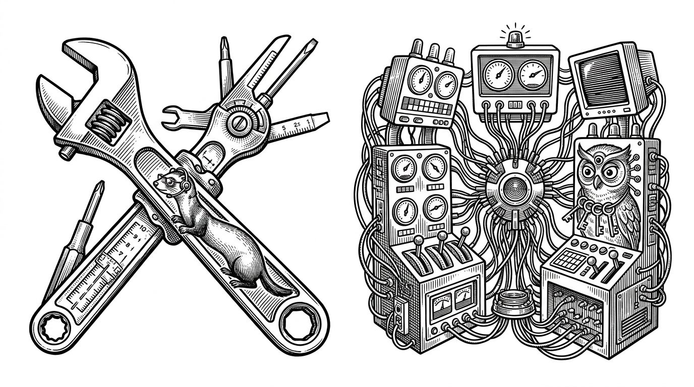 A split scene comparing a single hand-tool against a complex command center switchboard.