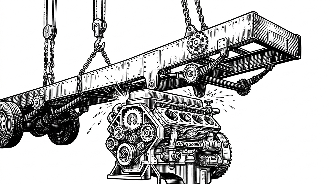 A heavy industrial chassis being lowered onto a pristine engine block, illustrating enterprise guardrails integrating with an open-source core.
