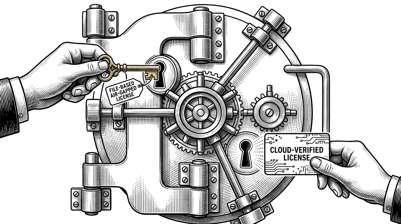 A vault door with two keyholes, one receiving a physical brass key and the other a digital keycard, representing air-gapped and cloud-verified licenses.